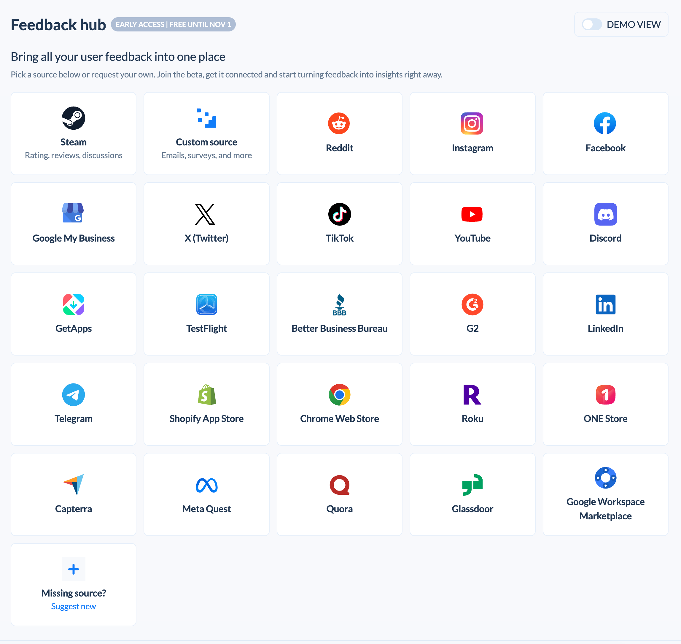 Feedback Hub source list