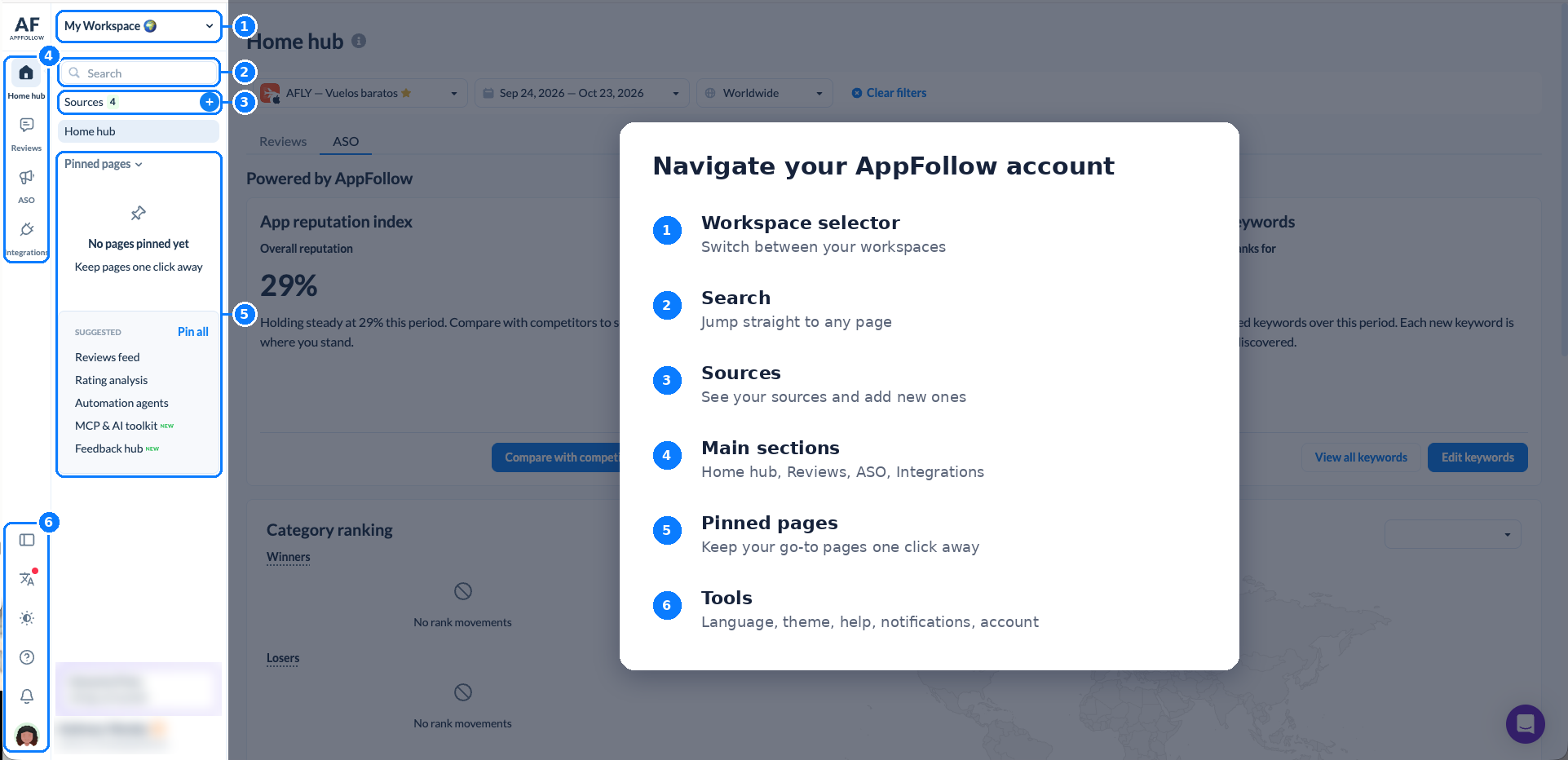 AppFollow navigation menu overview